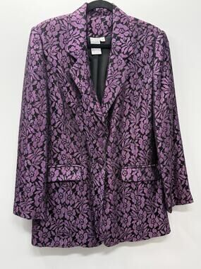 QPS Size 12 Purple Black Floral Brocade Blazer Jacket Pockets Lined Statement